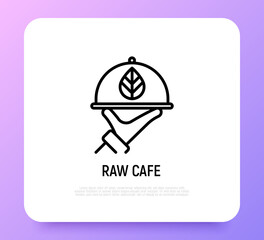 Vegan restaurant thin line icon. Cloche with leaf in waiter´s hand. Raw cafe. Vector illustration.