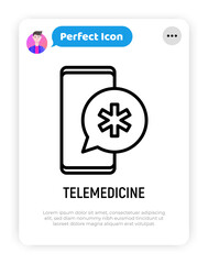 Telemedicine. Mobile consultant thin line icon: chat with support on screen of smartphone. Modern vector illustration.