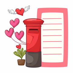 Cute heart shaped notepad with red postbox pattern, Cartoon illustration for sticker, card, badge, various print media or It can be used as part of the overall design.