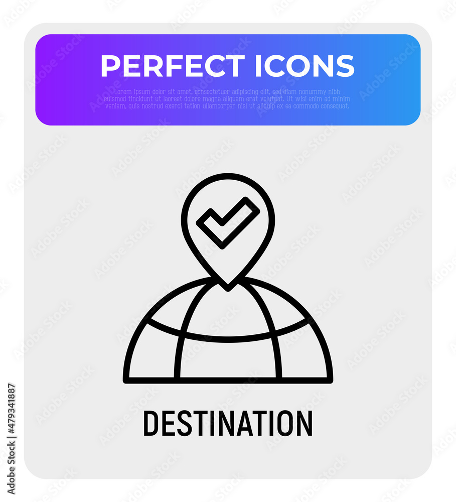 Sticker destination thin line icon: pointer on the globe. modern vector illustration.