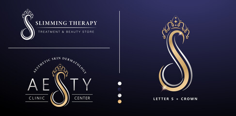 illustration of AESTY logotype, Letter s and crown vector isolated background applicable for Aesthetic clinic center, jewelry sign label, Slimming therapy & treatment logo concept, beauty store, hotel - obrazy, fototapety, plakaty