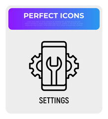Settings for mobile app thin line icon: wrench and wheels on smartphone screen. Modern vector illustration.