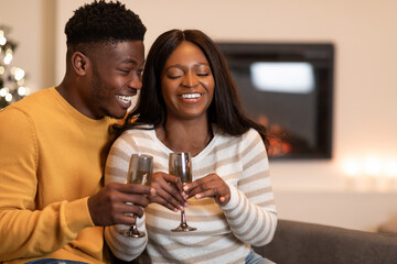 Joyful African American Spouses Holding Glasses Laughing Celebrating Valentine's Indoors