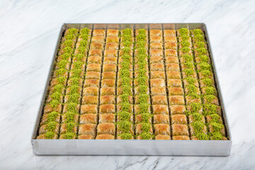 Traditional Turkish Pastry Dessert pistachio Baklava. Baklava shop. Turkish pistachio and yufka...