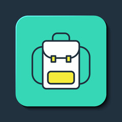 Filled outline Hiking backpack icon isolated on blue background. Camping and mountain exploring backpack. Turquoise square button. Vector