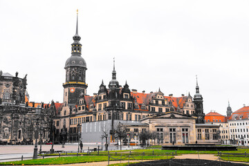 Fototapeta premium Hausmannsturm tower and Dresden Cathedral Catholic Court Church in the old town or Altstadt of Dresden