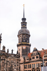 Obraz premium Hausmannsturm tower and Dresden Cathedral Catholic Court Church in the old town or Altstadt of Dresden