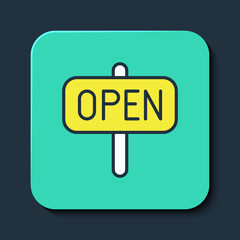 Filled outline Hanging sign with text Open door icon isolated on blue background. Turquoise square button. Vector