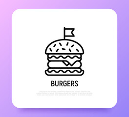 Burger thin line icon. Fast food. Modern vector illustration of hamburger for logo.