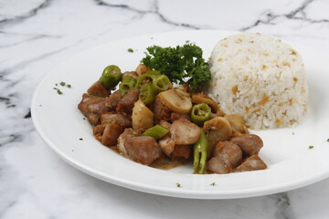 Freshly cooked Filipino food called pork salpicao and garlic rice