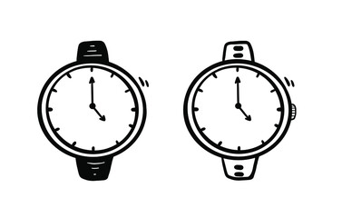 Wrist watches set hand drawn in doodle sketch comic scribble style isolated on white background.