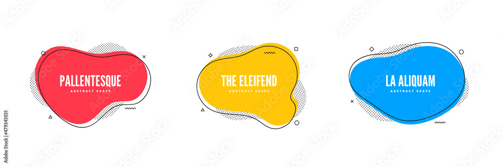 Aufkleber Abstract liquid shapes with geometric design elements in memphis style. Banner design, abstract fluid shapes with outline. Set of curvy abstract blobs or stains for web design and typography