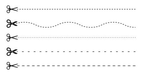 Fototapeta premium Cut lines and dashed lines, scissors icon. Cut line guide for coupon, tag and discount voucher. Black scissors with dotted line, paper cut guide
