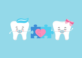 Tooth couple in brackets with two puzzle pieces  forming heart. Happy Valentines Day teeth in braces holds jigsaw parts for dentist greeting. Flat design cartoon dental character vector illustration.