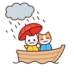 Cute cat couple on boat with umbrella