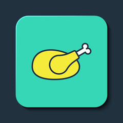 Filled outline Roasted turkey or chicken icon isolated on blue background. Turquoise square button. Vector