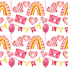 Hearts , rainbow , envelope . An air balloon and a stretch of flags . Seamless watercolor pattern . For Valentine 's Day . Harvesting on February 14 . Pink yellow pattern . printed products 