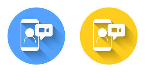 White Video chat conference icon isolated with long shadow background. Online meeting work form home. Remote project management. Circle button. Vector