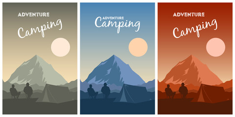 Sunset and sunrise in the mountains. Silhouettes of men looking on sun, landscape and horizon. Vector cards set illustration of camping, adventure tourism and travel, discovery, exploration, outdoor.