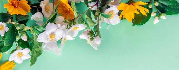 Spring flower arrangement on a green background. Banner.