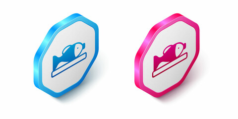 Isometric Served fish on a plate icon isolated on white background. Hexagon button. Vector