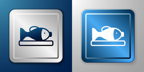 White Served fish on a plate icon isolated on blue and grey background. Silver and blue square button. Vector