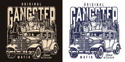 Monochrome label with gorilla gangster in car © DGIM studio