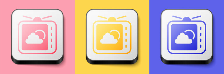 Isometric Weather forecast icon isolated on pink, yellow and blue background. Square button. Vector