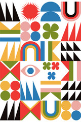 Bright abstract background with geometric shapes, elements, colorful poster, banner, cover, postcard, sticker