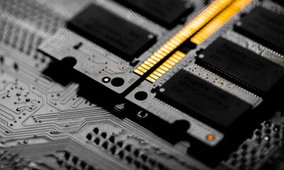 Macro Close up of computer RAM chip and motherboard