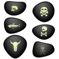 Black Leather Piracy Patches Set Isolated on White Background. Eyepatch for one Eyed Pirate