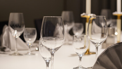 Business meeting room with wine and water glasses in a hotel in Berlin, Germany.