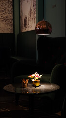 Restaurant interior impressions with lights in a dark-lid room in Berlin, Germany.