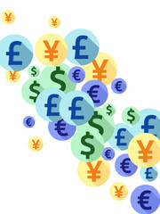Euro dollar pound yen round signs flying money vector background. Business concept. Currency