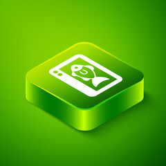 Isometric Fish finder echo sounder icon isolated on green background. Electronic equipment for fishing. Green square button. Vector