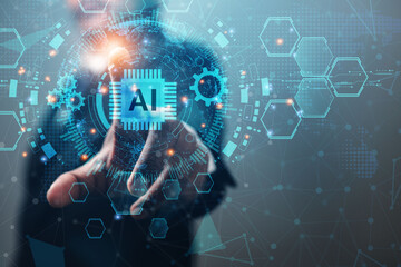 Engineer manager shows intelligent industrial system with software and digital manufacturing,...