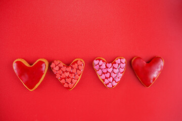 Heart shape sugar cookies with red glaze for Valentine's Day