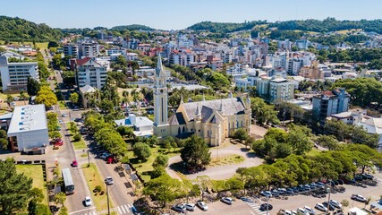 Fototapeta premium Nova Prata RS. Aerial view of the church and city of Nova Prata, Rio Grande do Sul