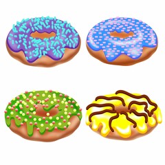 A set of 4 donuts in a vector on a white background. Isolated image. For decoration on the theme of pastries, desserts, sweets.