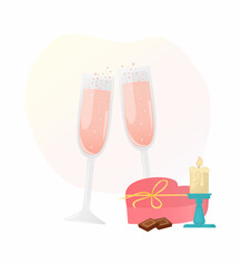 Champagne and chocolate in the shape of a heart. Valentine's Day. Vector illustration