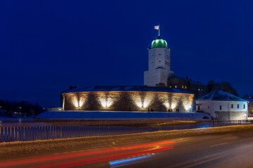 Vybogr castle fortress at night with illumination.