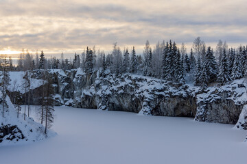 Winter view of a marble quarry. Ruskeala Park.