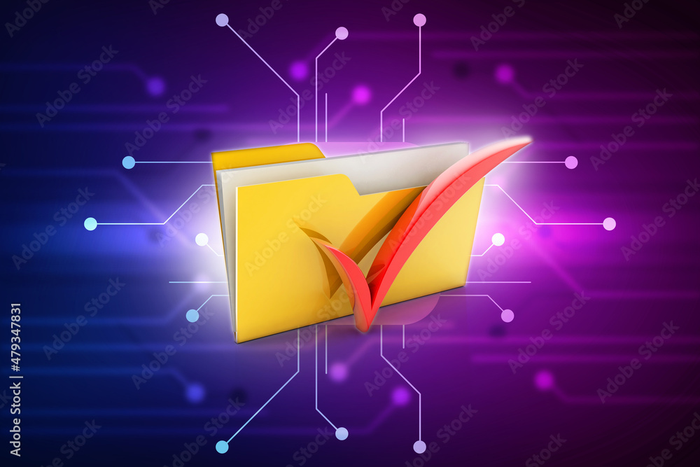 Poster 3d rendering file folder with green check mark