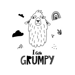 Funny llama or alpaca face poster with cute lettering in hand drawn style. Outline hand drawing. Perfect for t-shirt, apparel, cards, poster, nursery. Isolated on white background vector illustration