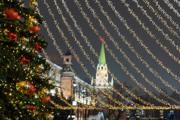 Kremlin tower with New Year decorations. Moscow, Russia.