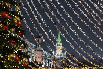 Kremlin tower with New Year decorations. Moscow, Russia.