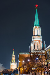 Moskvosiy kremlin in winter at night with illumination.