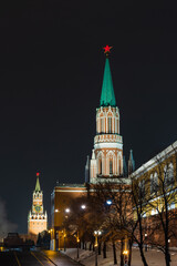 Moskvosiy kremlin in winter at night with illumination.