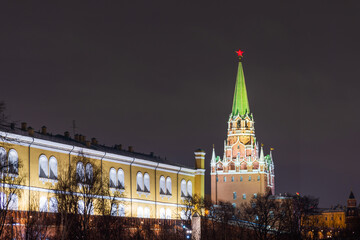 Moskvosiy kremlin in winter at night with illumination.