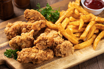 Crispy fried chicken tenders and french fries - 479348434
